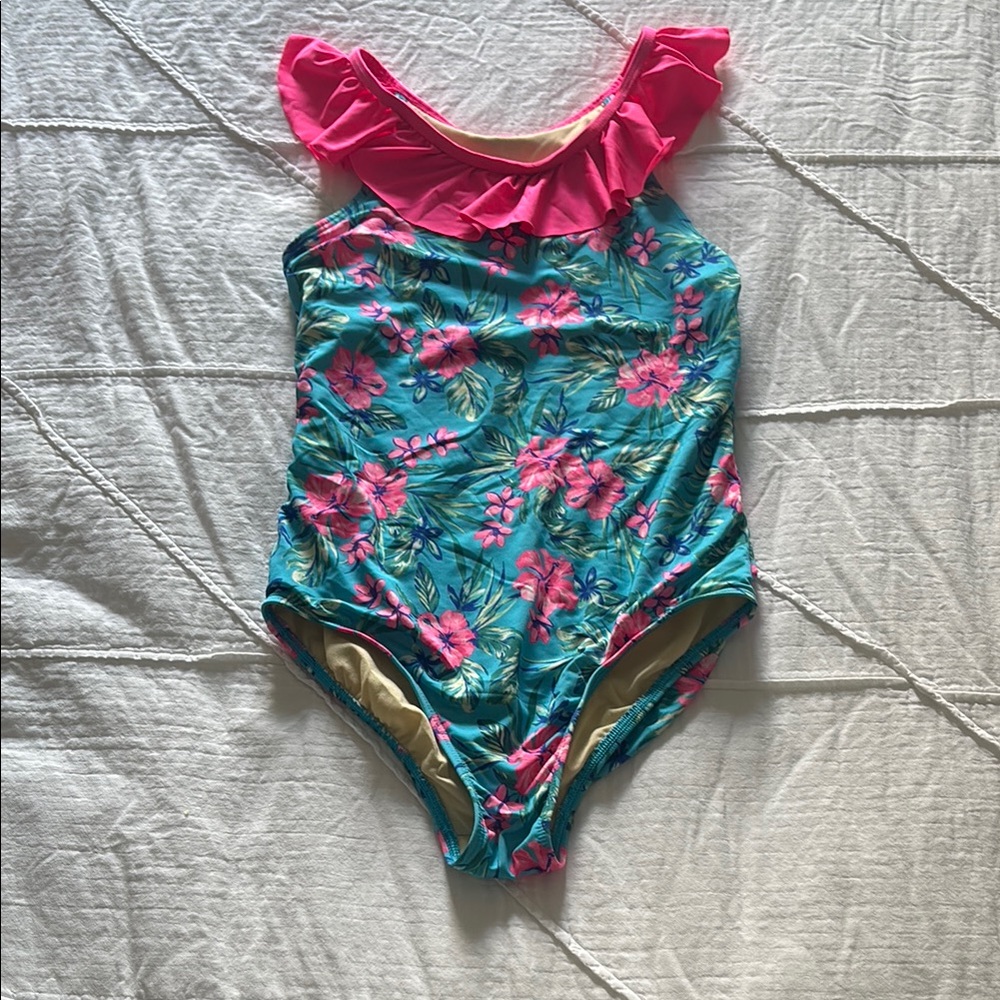 Floral Kids Swimwear with Pink Ruffle